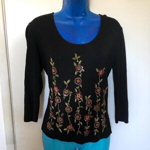 90s 3/4 sleeve ribbed knit top with embroidered flowers, beads, and sequins